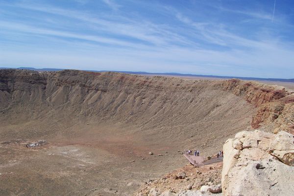It looks like a huge hole in the ground from up close. You can't see it in this picture, but at the bottom of the crater is a wing from a Cessna airplane. Our guide told us that a pair of commercial pilots flew into the crater for a closer look and were unable to fly out because of downdrafts. They flew in circles until they ran out of gas and crash landed. Amazingly enough they survived, and continued to fly for the unnamed airline. Meteor crater